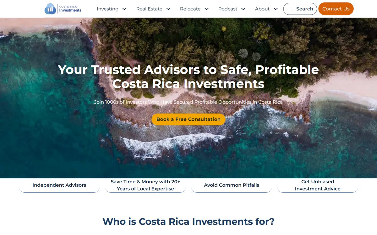 Investing Costa Rica website homepage